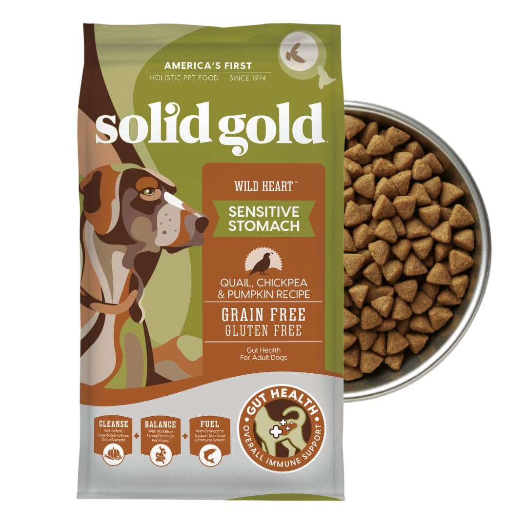 Solid Gold Sensitive Stomach Dog Food for Adult & Senior Dogs - Grain Free Healthy Dog Food w/Real Quail, Pumpkin, Fiber & Probiotics for Gut Health & Digestion - Kibble for Sensitive Stomachs - 24LB