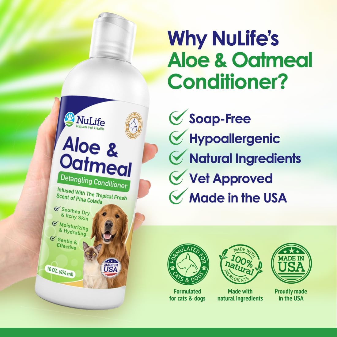 Oatmeal Dog Conditioner for Dry Itchy Skin with Soothing Aloe Vera, Suitable for All Pets, Moisturizes and Detangles Matted Hair, 16 Oz