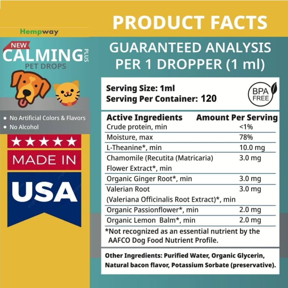 HEMPWAY Dog Cat Calming Drops Organic Made in USA | Anti-Separation Natural Dog Cat Calming Formula for Well-Being and Comfort | Bacon Flavor 4 oz (120 ml) - 120 Servings