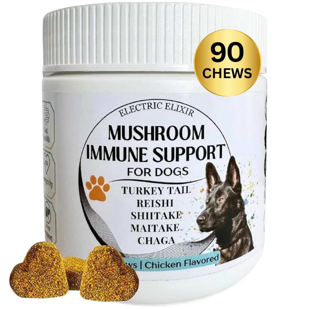 Dogs Immune Support Mushroom Supplement - Supports Longevity, Cognition, Joint, Cellular & Gut Health - All Natural Organic, GrainFree - Aid for Lumps and Bumps, Chicken Flavor - 90 Chews