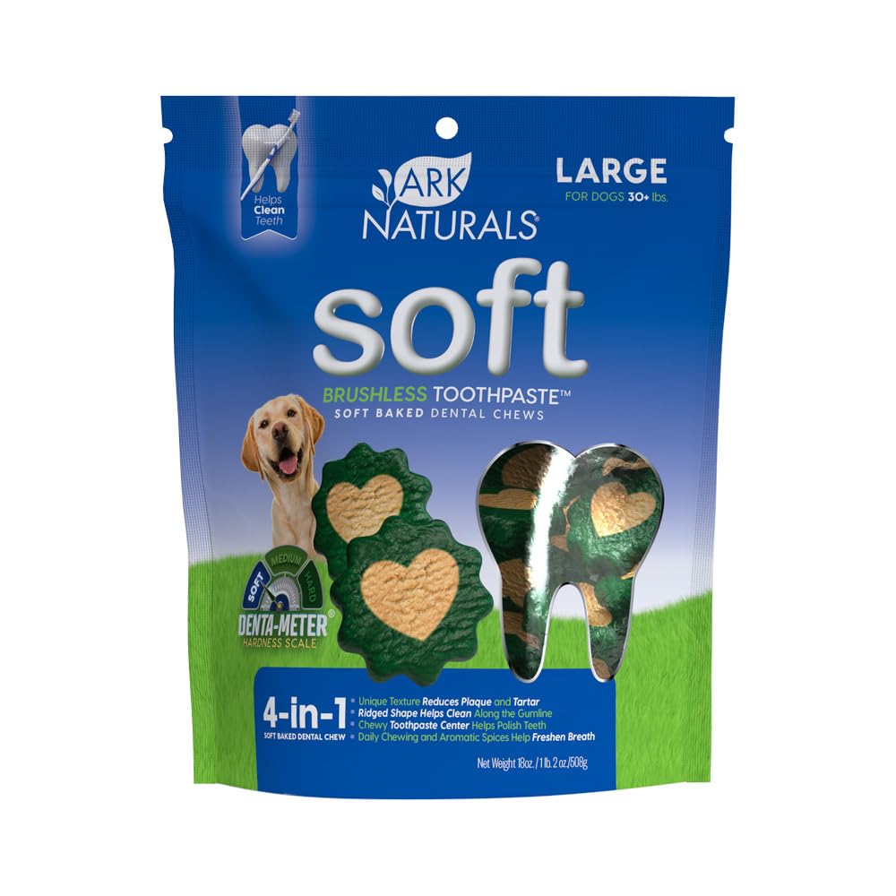 Ark Naturals Soft Brushless Toothpaste for Large Breeds, 18 oz Bag, Soft-Baked Dog Dental Chew with Toothpaste Center, Freshen Breath, Reduce Plaque & Tartar