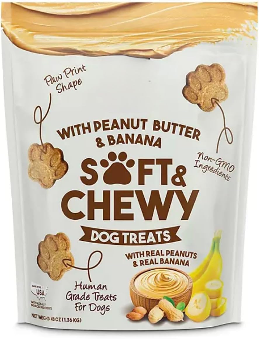 Soft & Chewy Dog Treats, Peanut Butter & Banana Flavor, Non-GMO, Human Grade, Bulk 48 oz Bag