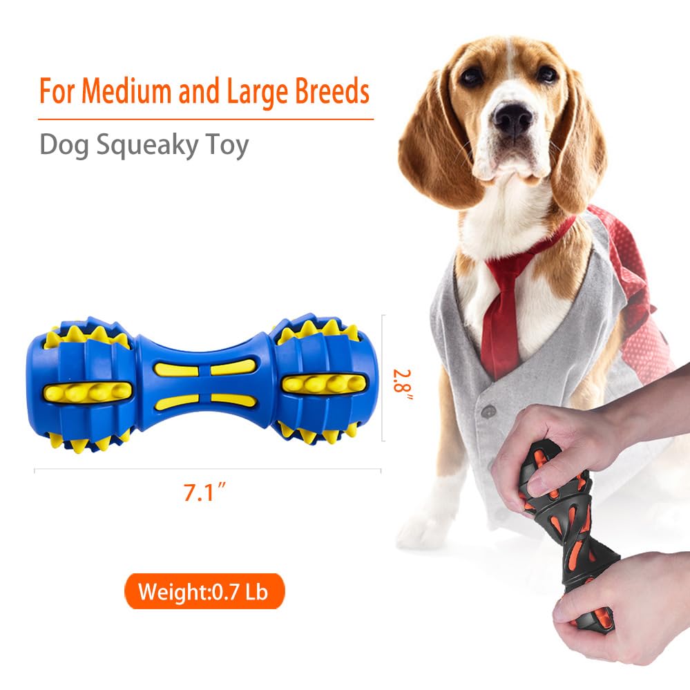 AUSCAT Teething Dog Toys, Durable Squeaky Dog Toys, Rubber Chew Toys for Dogs, Dumbbell Shape, Blue and Black