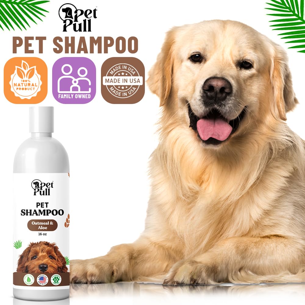Pet Pull Pet Shampoo and Conditioner for Dogs and Cats - Plant-Based Dog Shampoo Cleanser - Pet Supplies for Pets - Sensitive Skin Dog Wash- Made in The USA (16 oz) (Oatmeal & Aloe, Shampoo)
