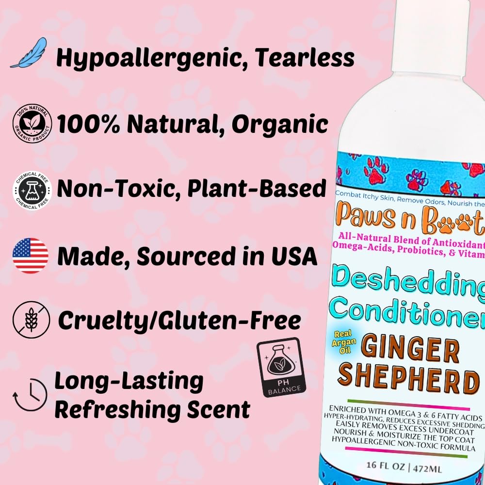 Deshedding Conditioner Omega Fatty Acids 3 6 9. Real Argan Oils All-Natural, Organic, & Non-Toxic to Pets Condition, Hydrate, & Nourish the Coat. Hypoallergenic, Tearless, Control Odor Made in USA 16oz Ginger