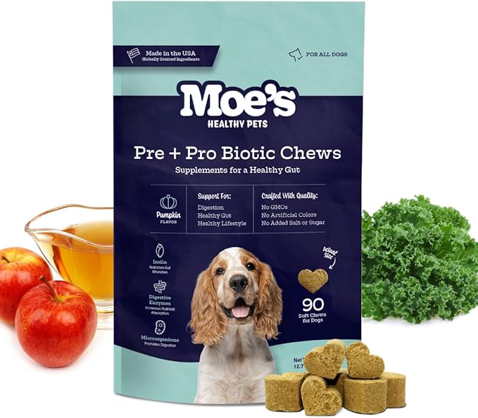 Moe’s Probiotic Chews for Dogs 90ct – Pumpkin Flavor Prebiotics & Probiotics for Gut Health, Digestion, Immunity and Itchy Skin Relief