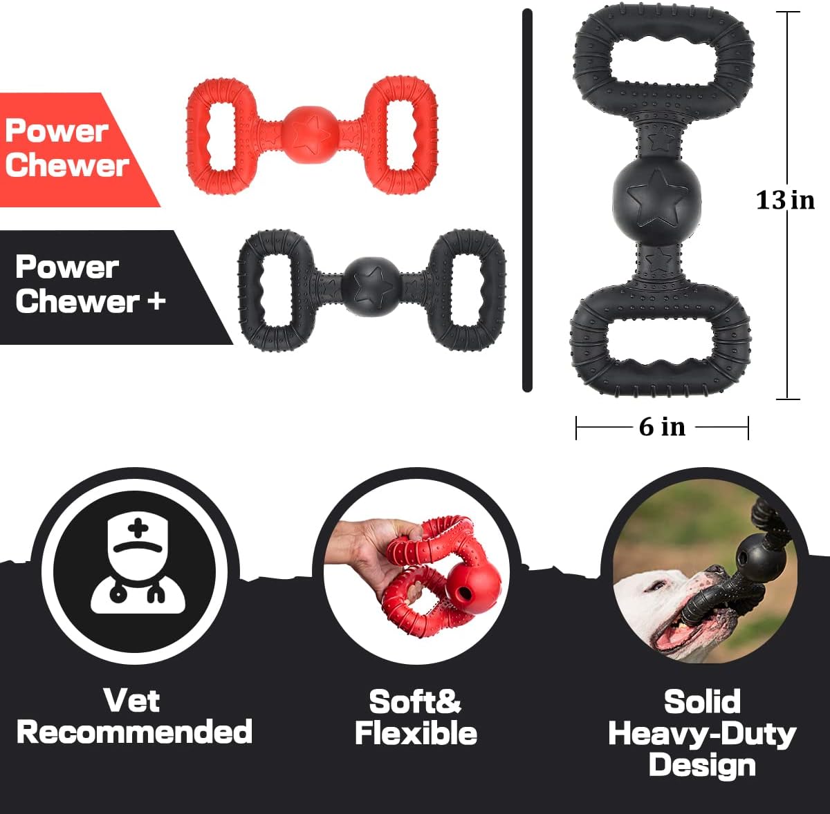 BiteKing Natural Rubber Dog Toys for Large Aggressive Chewers - Lifetime Replacement - Tough Tug War Dog Toy for Large Dogs Tooth Clean, Black