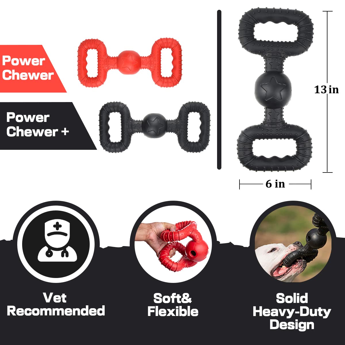 BiteKing Natural Rubber Dog Toys for Large Aggressive Chewers - Lifetime Replacement - Tough Tug War Dog Toy for Large Dogs Tooth Clean, Black