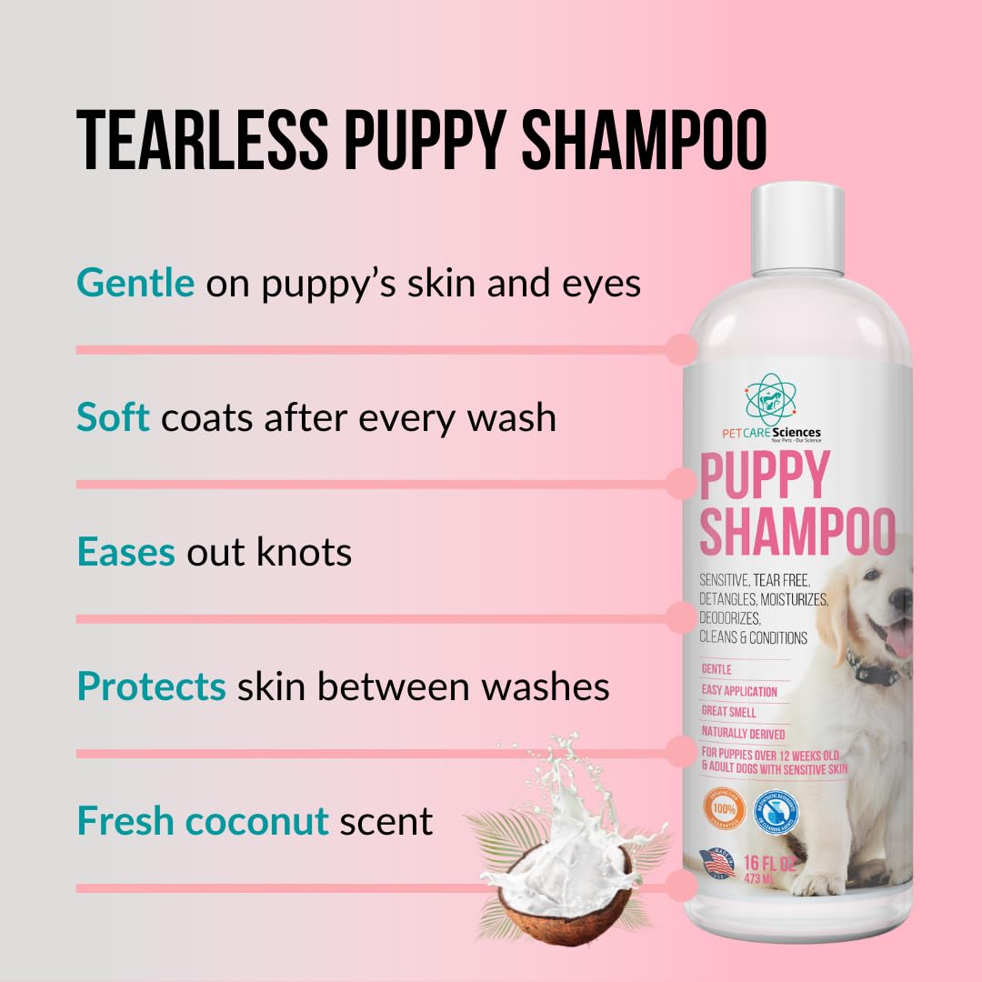PET CARE Sciences 8 fl oz Tearless Puppy Shampoo and Conditioner - Anti Itch Dog Shampoo Sensitive Skin - Coconut Oil Oatmeal Pet Shampoo for Puppies