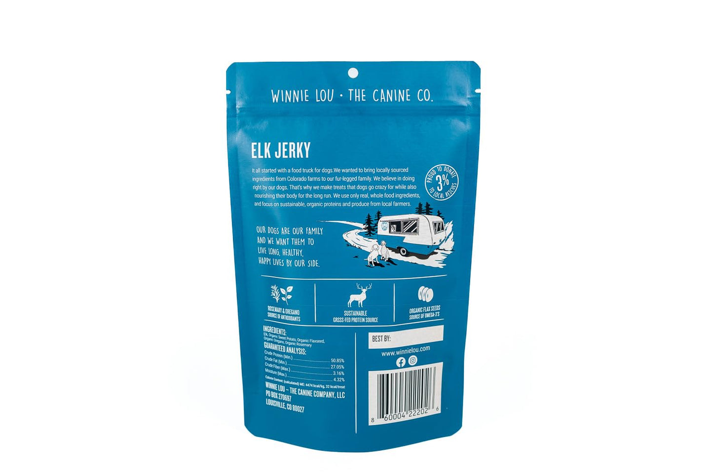 Winnie Lou Elk Jerky Dog Treats – Limited Ingredient, Human Grade, Training Treats for Small, Medium & Large Dogs, Made in USA (1 Pack)
