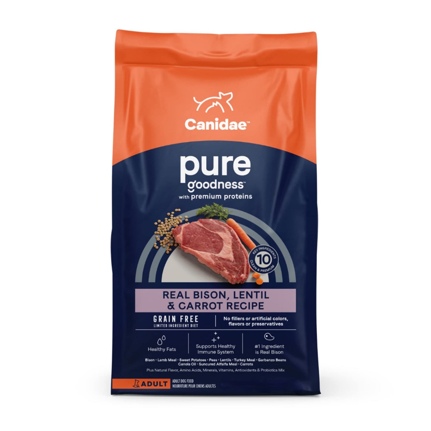 Canidae Pure Limited Ingredient Premium Adult Dry Dog Food, Real Bison, Lentil & Carrot Recipe, 10 lbs, Grain Free
