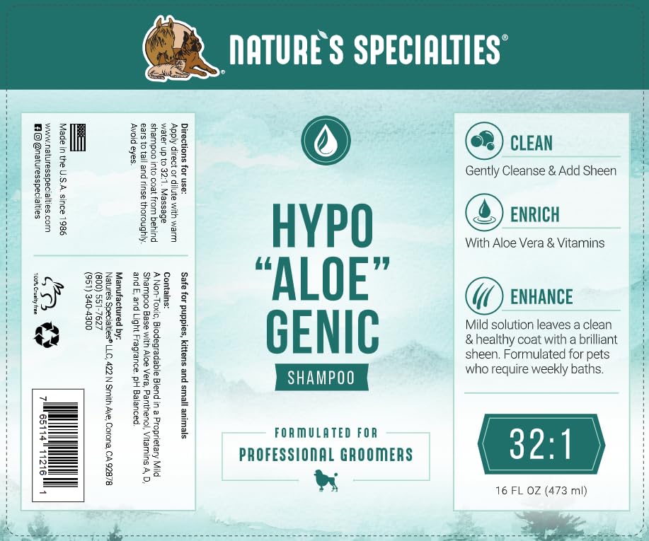 Nature's Specialties Hypoallergenic Ultra Concentrated Aloe Dog Shampoo for Pets, Makes up to 4 Gallons, Natural Choice for Professional Groomers, for Sensitive Skin, Made in USA, 16 oz