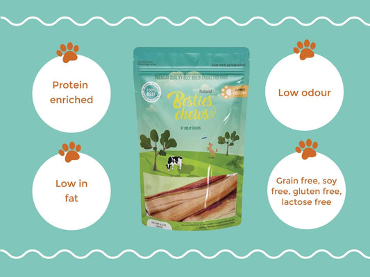 Besties Chews 6-Inch Jumbo Bully Sticks 6 Count for Large Dogs, 100% Natural Beef – Grass-Fed, Low Odor, High Protein, Long Lasting, Easily Digestible, Made in FDA Registered Facility