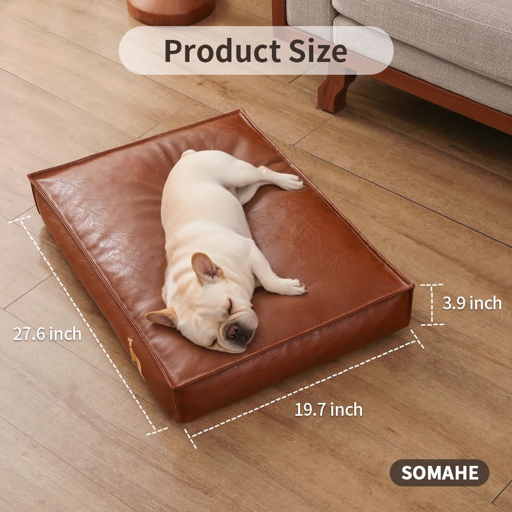 SOMAHE Dog Bed Medium Size Dog Orthopedic Beds for Small Dogs with Removable Washable PU Leather Cover Waterproof Brown 27.5×19.6×4inch