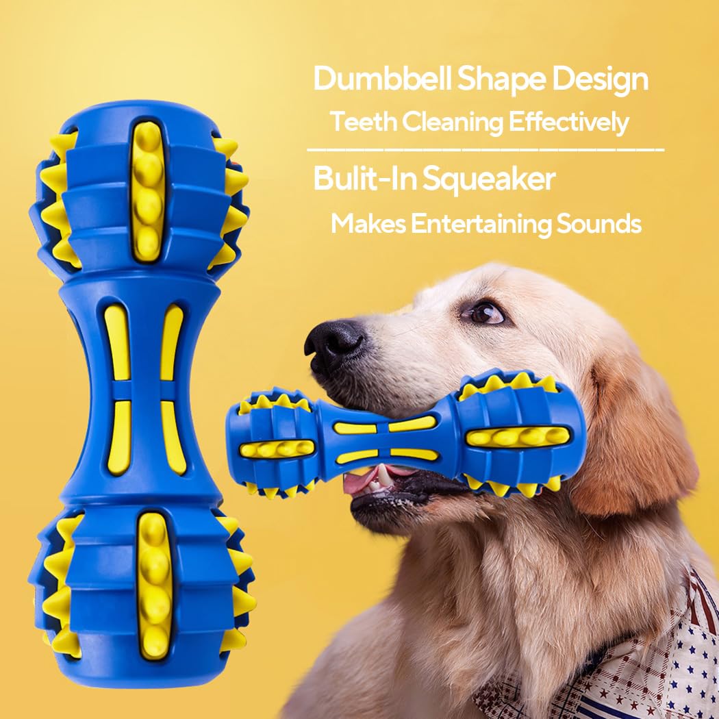 AUSCAT Teething Dog Toys, Durable Squeaky Dog Toys, Rubber Chew Toys for Dogs, Dumbbell Shape, Blue