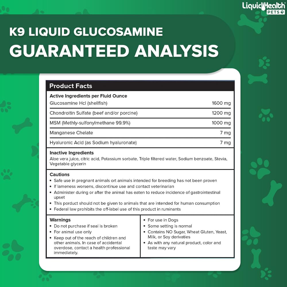 LIQUIDHEALTH Pets K9 Liquid Glucosamine for Dogs, Puppies, Senior Canines with Chondroitin, MSM, Hyaluronic Acid - Dog Vitamins for Hip & Joint Health, Dog Joint Oil, Joint Juice - Made in USA (32 oz)