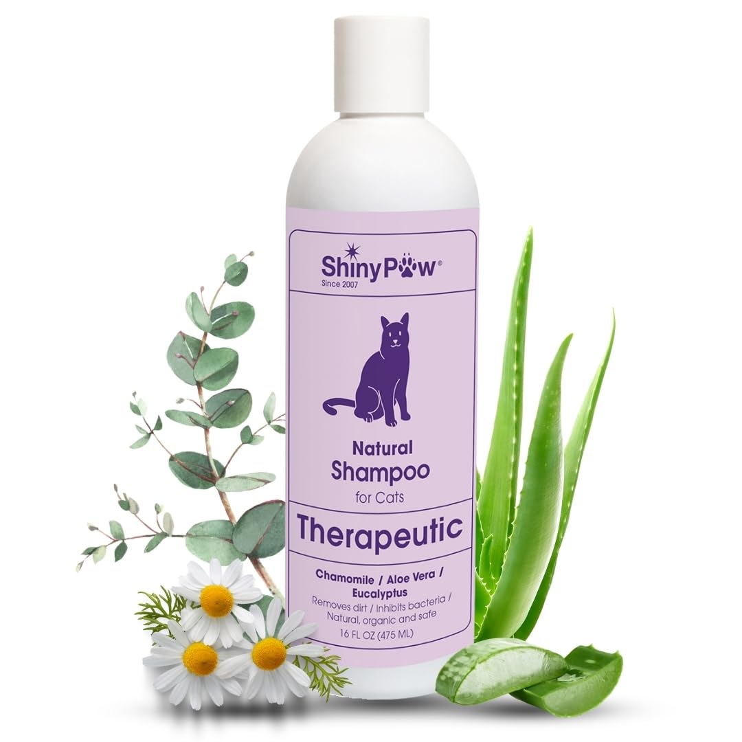 Natural Cat Shampoo for Itchy Skin with Chamomile, Aloe Vera & Eucalyptus by Shiny Paw 16 oz | Hypoallergenic Feline Shampoo for Sensitive Skin Itch Relief | for Adult & Senior Cats | Made in USA