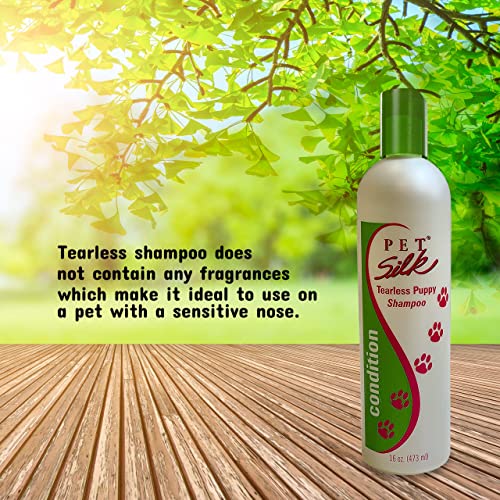 Pet Silk Tearless Puppy Shampoo 16oz, Specially Formulated Tear Free Shampoo for Sensitve Skin & Coat, Effective & Gentle, Fragrance & Dye Free for The at-Home Groomers!