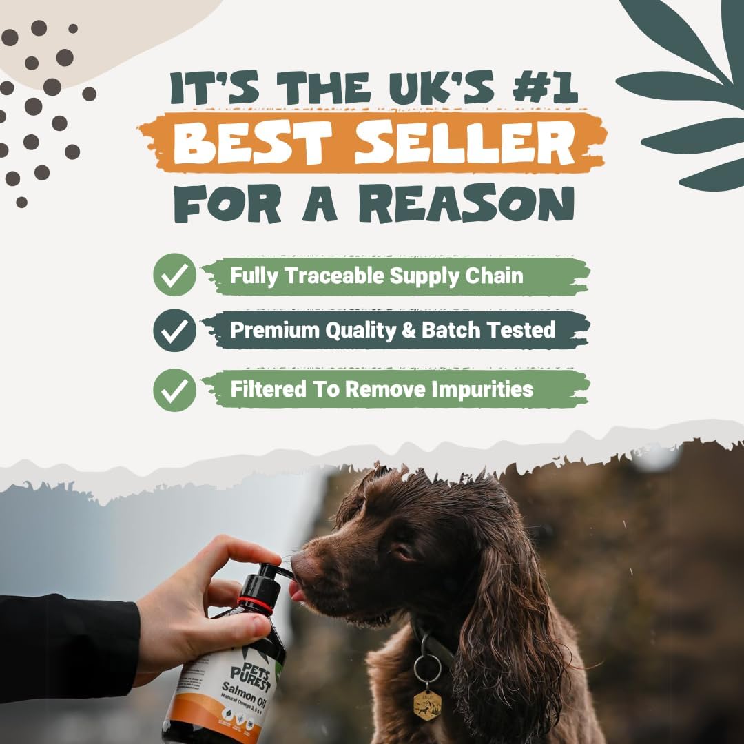 Pets Purest Salmon Oil for Dogs, Cats, Horses, Ferrets & Pets - 32 Fl Oz 100% Pure Premium Food Grade - Natural Omega 3, 6 & 9 Supplement - Promotes Coat, Skin, Joint and Brain Health
