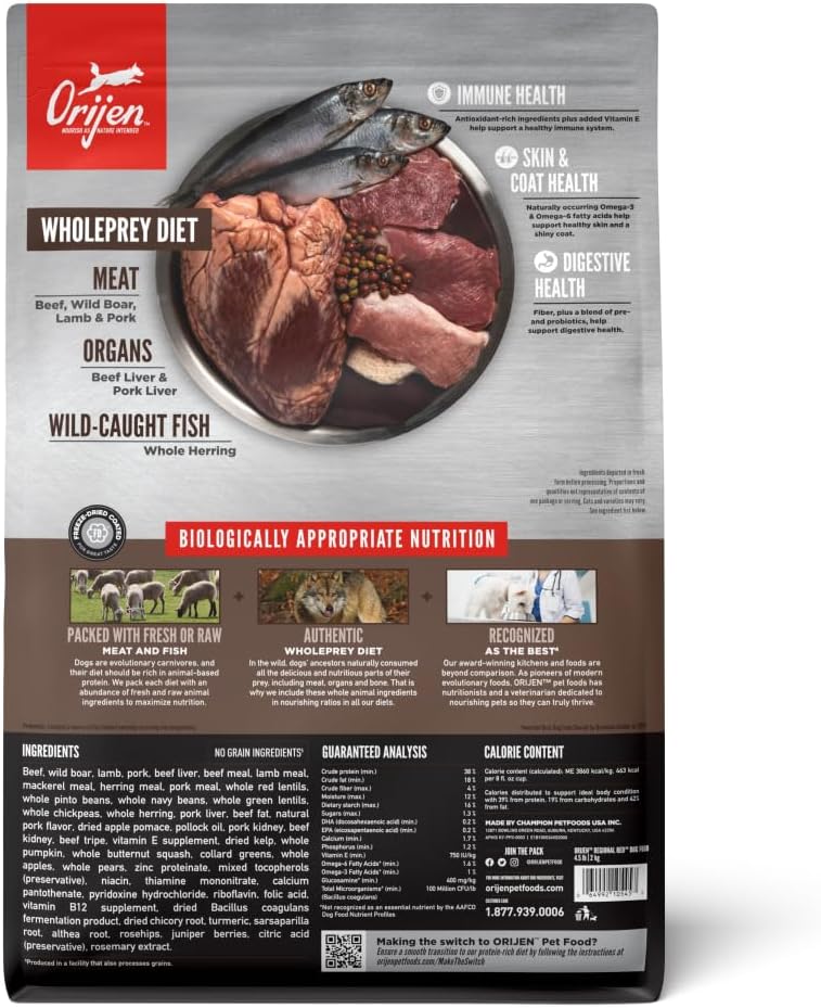 ORIJEN Grain Free Poultry Free High Protein Dry Dog Food Regional Red Recipe 4.5lb Bag