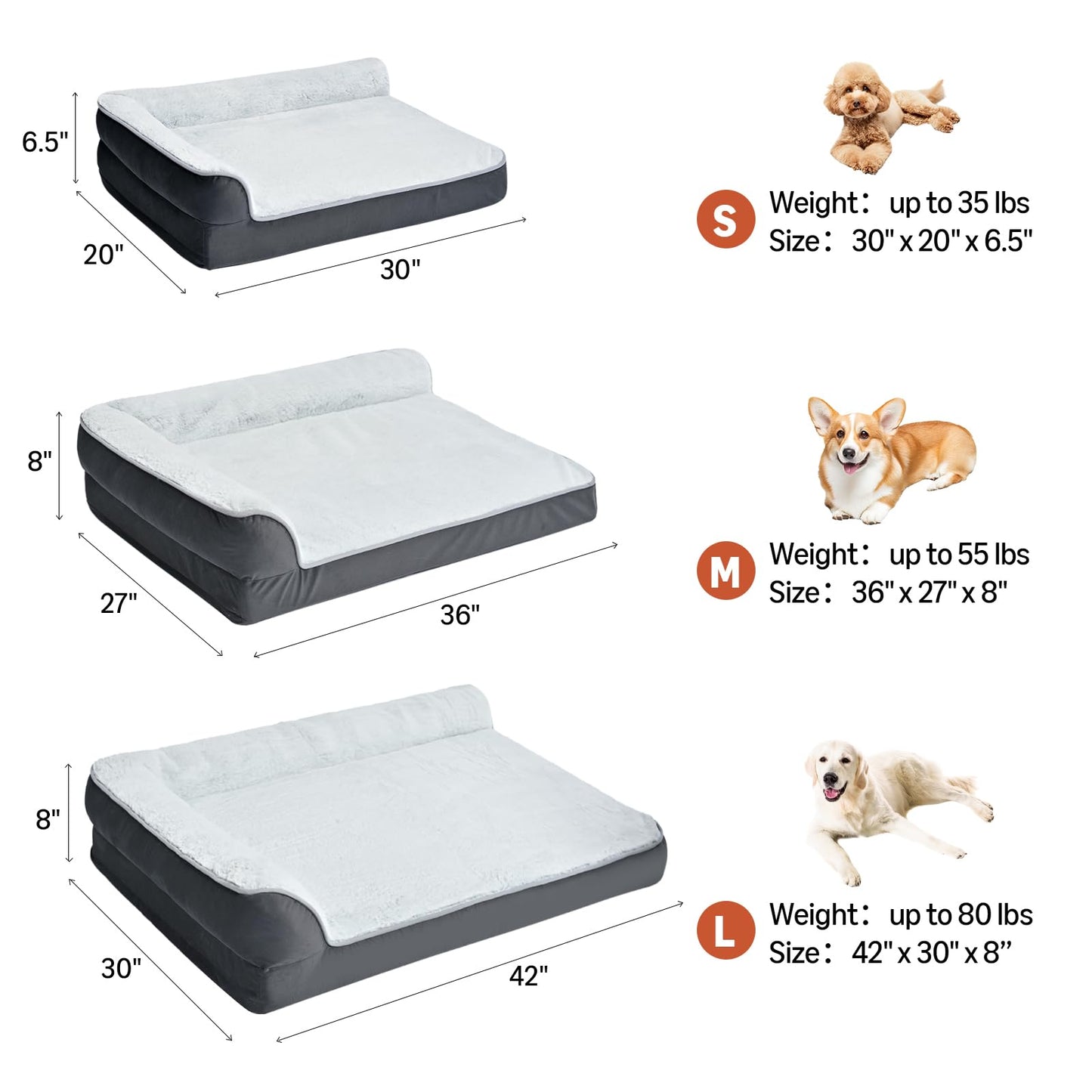 Amazon Basics Washable L-Shaped Dog Bed for Large Dogs, Anti-Slip Pet Sofa Bed for Indoor Dogs, Crate Bed, 42x30x8 Inches, Gray