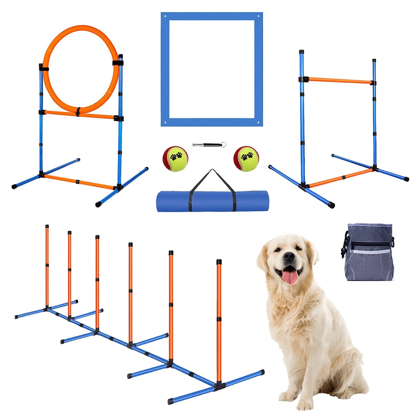 MKSY Dog Agility Equipment Set, Obstacle Courses Training Starter Kit Includes Adjustable High Jump Hurdle, Hoop, Weave Poles, Pause Box, Treat Pouch with Easy Carry Bag