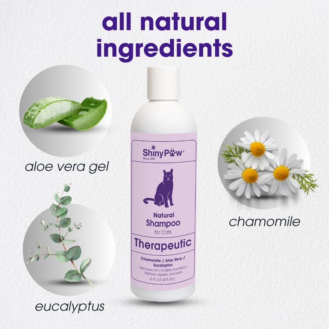 Natural Cat Shampoo for Itchy Skin with Chamomile, Aloe Vera & Eucalyptus by Shiny Paw 16 oz | Hypoallergenic Feline Shampoo for Sensitive Skin Itch Relief | for Adult & Senior Cats | Made in USA