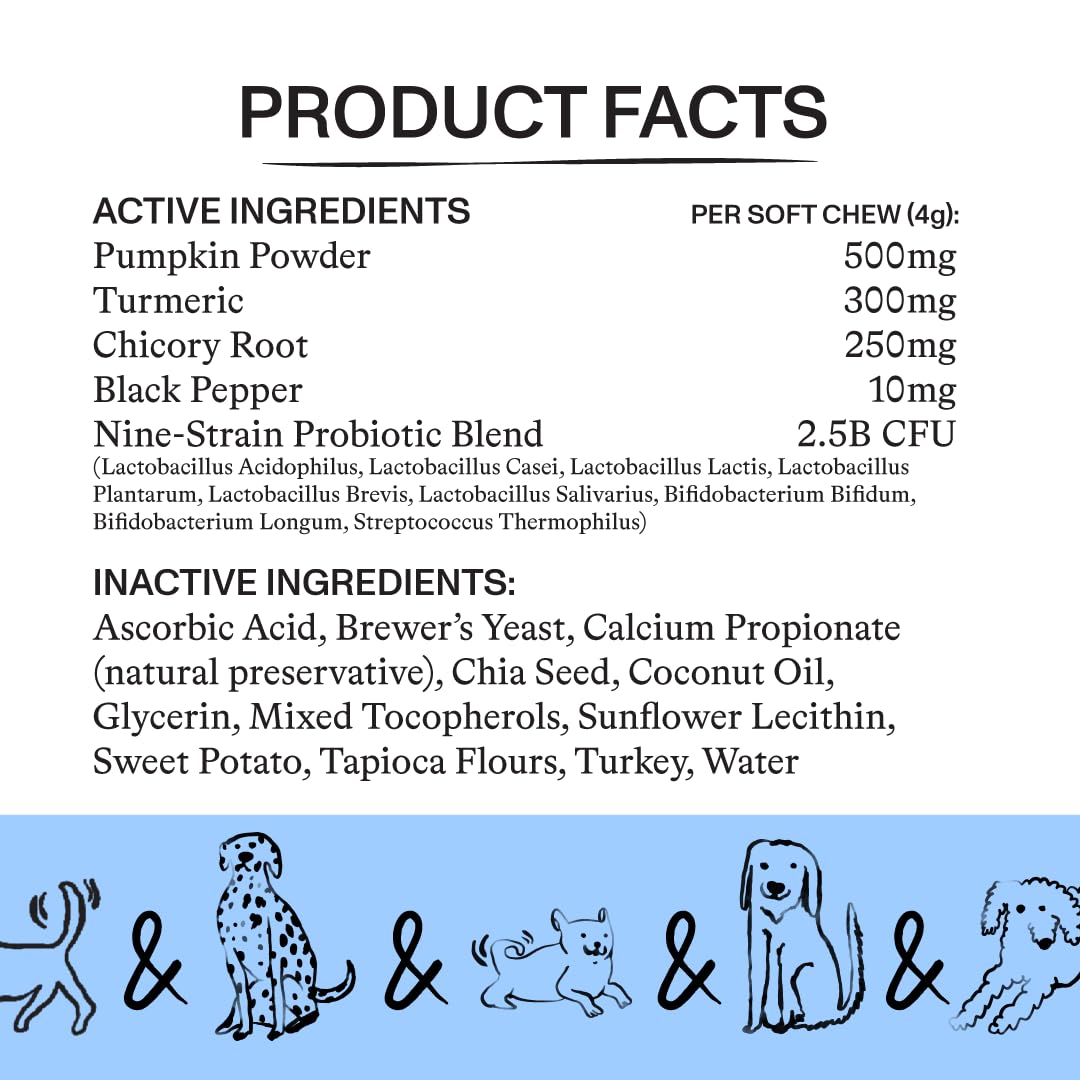 Spot & Tango Probiotics Supplements for Dogs - Vet-Approved for Healthy Digestion and Balanced Gut - Pumpkin, Turmeric, Chicory Root, Black Pepper, Nine-Strain Probiotic Blend, 56 Count