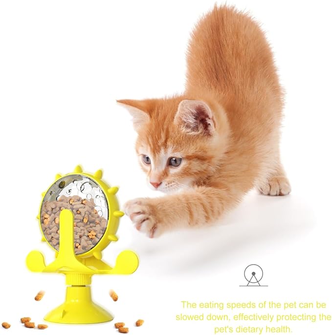 Cat Food Leakage Toy, Interactive Windmill Game Cat Puzzle Food Treat Dispensing Toy with Suction Cup for Kitten Puppy Slow Feeder Snacks