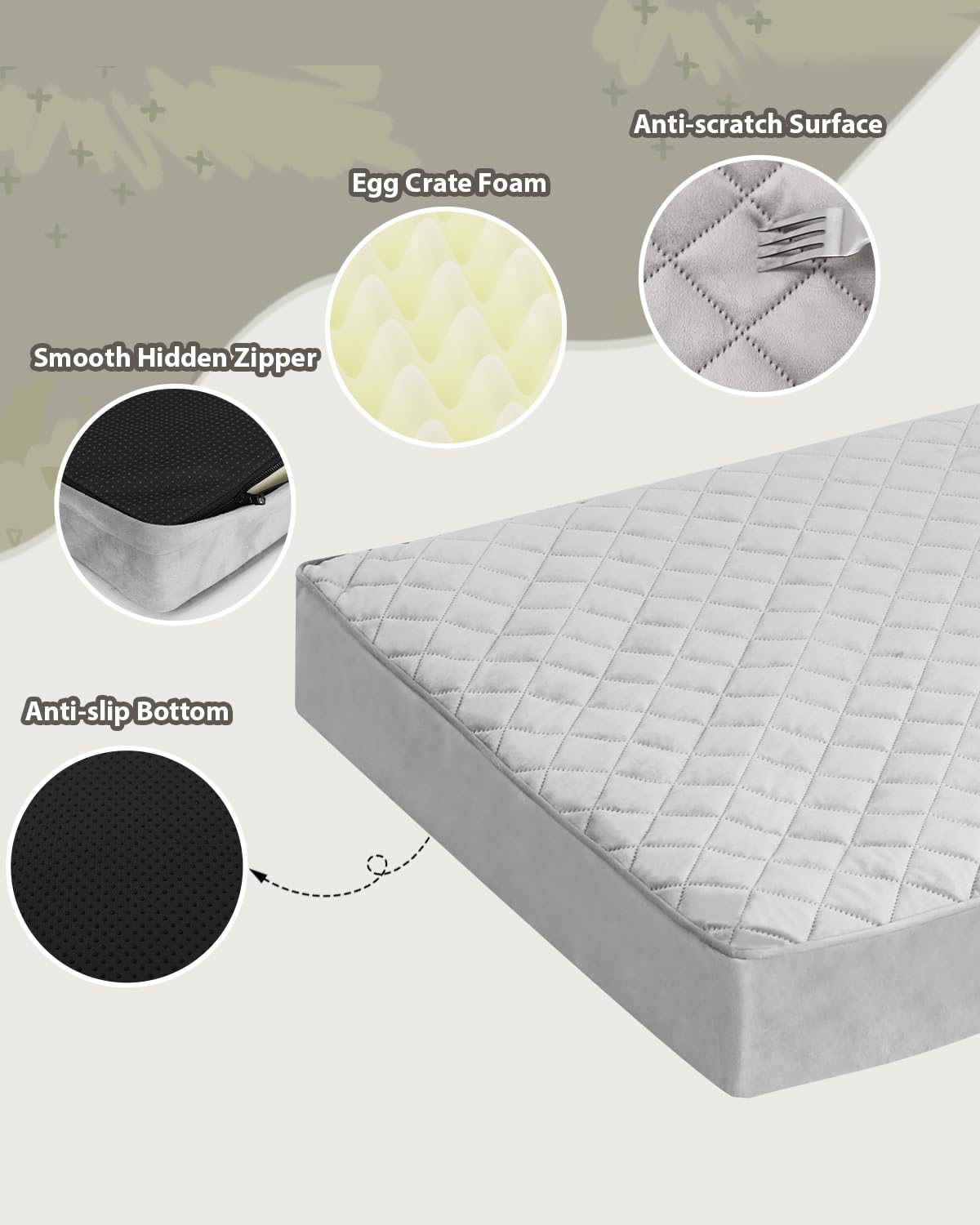 NUPIDA Orthopedic Dog Beds Large Sized Dog Waterproof Pet Mattress with Removable Washable Cover and Non-Slip Bottom, Quilting Mat for Crate, 35x22 Inch, Light Gray