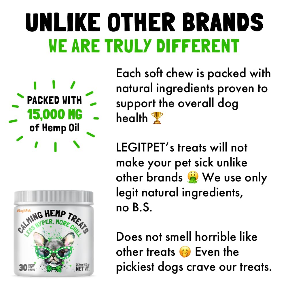 Calming Hemp Treats for Dogs Made in USA Organic Hemp Natural Separation Aid Helps with Barking, Chewing, Thunder, Fireworks, Aggressive Behavior Soothing Stress Relief Natural Relaxation 30 Chews