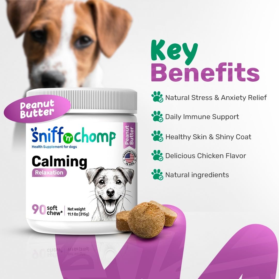 Sniff 'n' Chomp Calm Chews for Dogs Anxiety, Natural Anxiety and Stress Relief, Dog Fireworks Relief, Melatonin for Dog Sleep Aid, Calming Chews for Dogs, Peanut Butter Flavor, 90 Units.