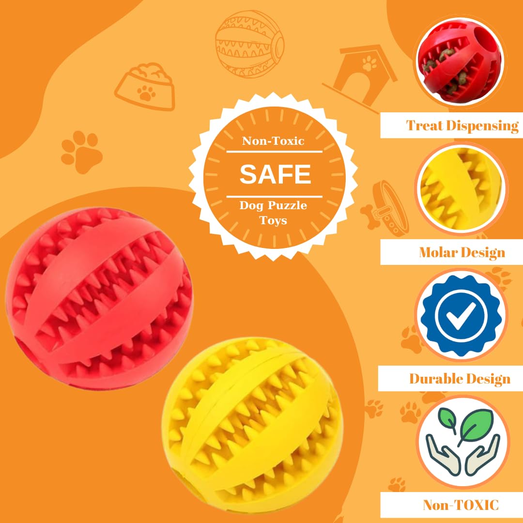 Interactive Dog Toys for Aggressive Chewers, Durable Puzzle Treat Balls (2 Pack), Puppy Teething Chew Balls, Small, Medium & Large Dogs, Teeth Cleaning & Brain Stimulation