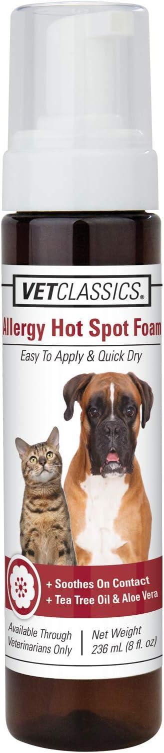 Vet Classics Allergy Hot Spot Foam for Dogs and Cats – Pet Spray for Hot Spots, Itchy, Irritated Skin – Includes Aloe Vera – Quiet Pet Foam for Sensitive Skin, Quick-Drying – 8 Oz.