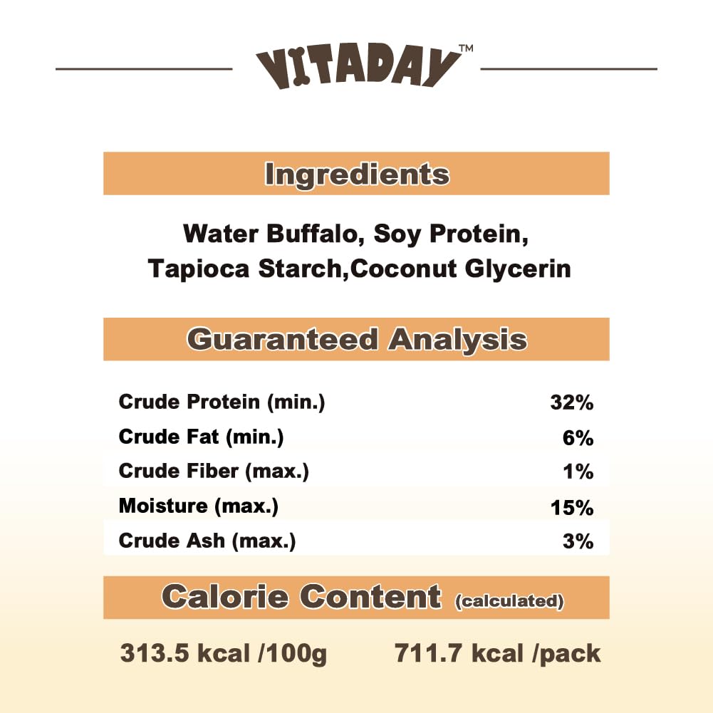 VITADAY Buffalo Dog Treats Bone 8oz, Natural Low-Fat Chews for Training & Rewards, Limited Ingredient, Dogs & Puppies