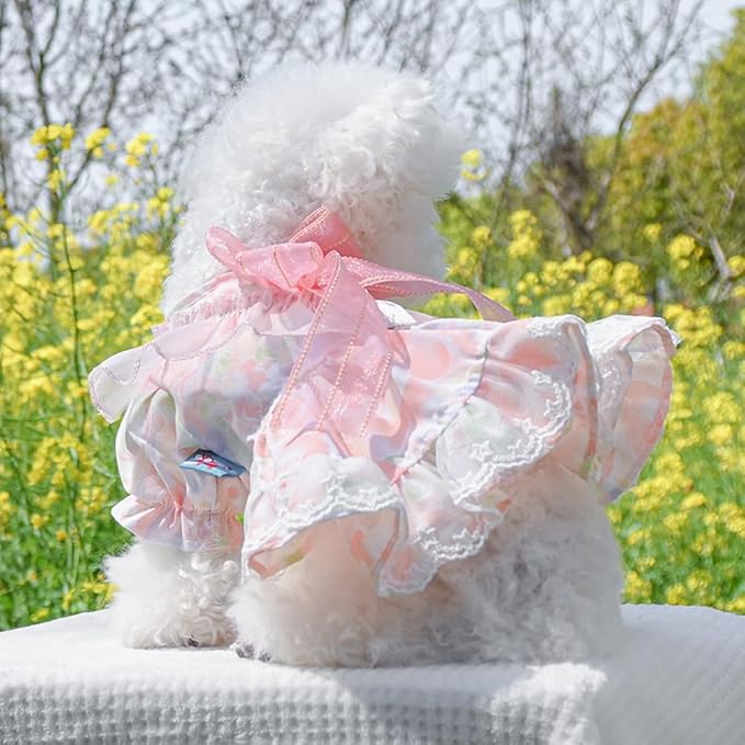 Pink Dog Dress for Small Dog Girl Spring Puppy Clothes with Bow Puff Sleeves Cat Outfit Doggy Princess with Leash Ring Doggies Harness Dress Summer Pet Apparel (Pink, Medium)