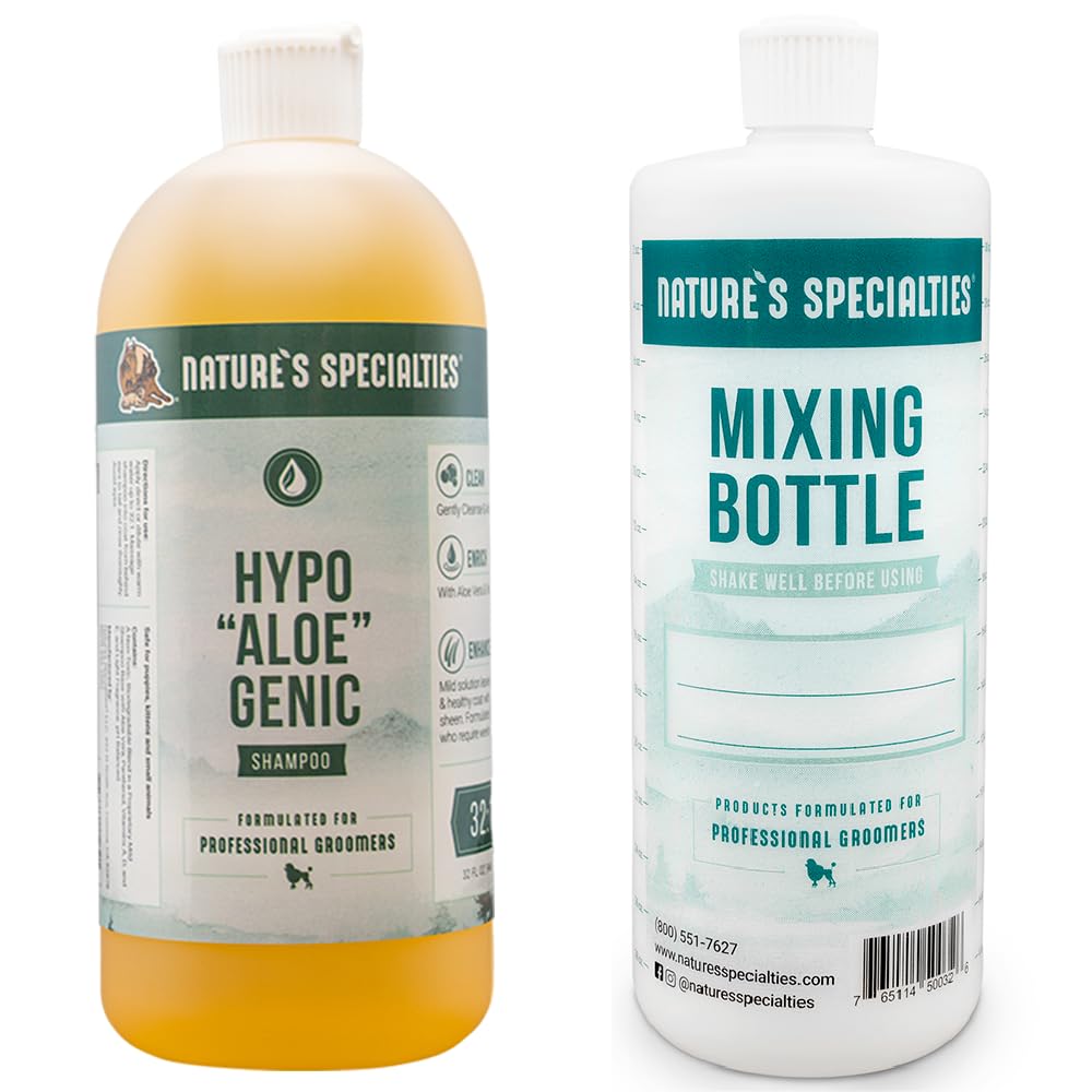 Nature's Specialties Mixing Bottle and Dog Shampoo Concentrate Bundle, Easy to Read Measurements Mixing Bottle 32 oz, Hypoallergenic Aloe Dog Shampoo Concentrate 32 oz