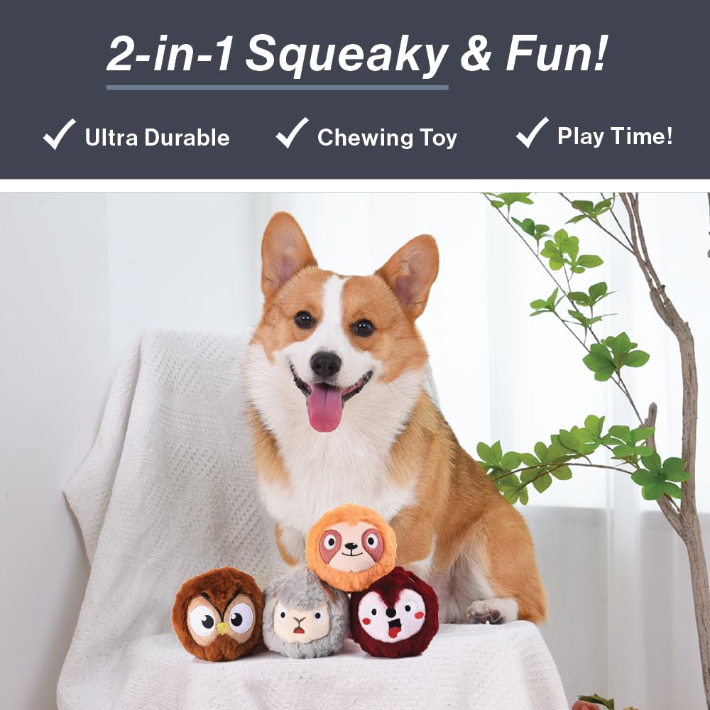 HugSmart Pet Zoo Ball (4-Pack) Plush and Squeaky Tennis Ball for Dog | No Stuffing Tough Interactive Fetch Dog Toys for Small Medium Large Dogs (Fox, Owl, Sloth, Sheep)