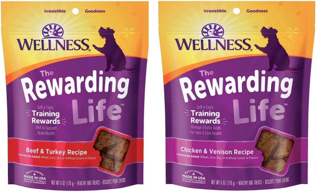 Wellness Rewarding Life Soft & Tasty Training Rewards for Dogs. 2pk Variety Bundle: (1) Beef & Turkey & (1) Chicken & Venison, 6oz Bags