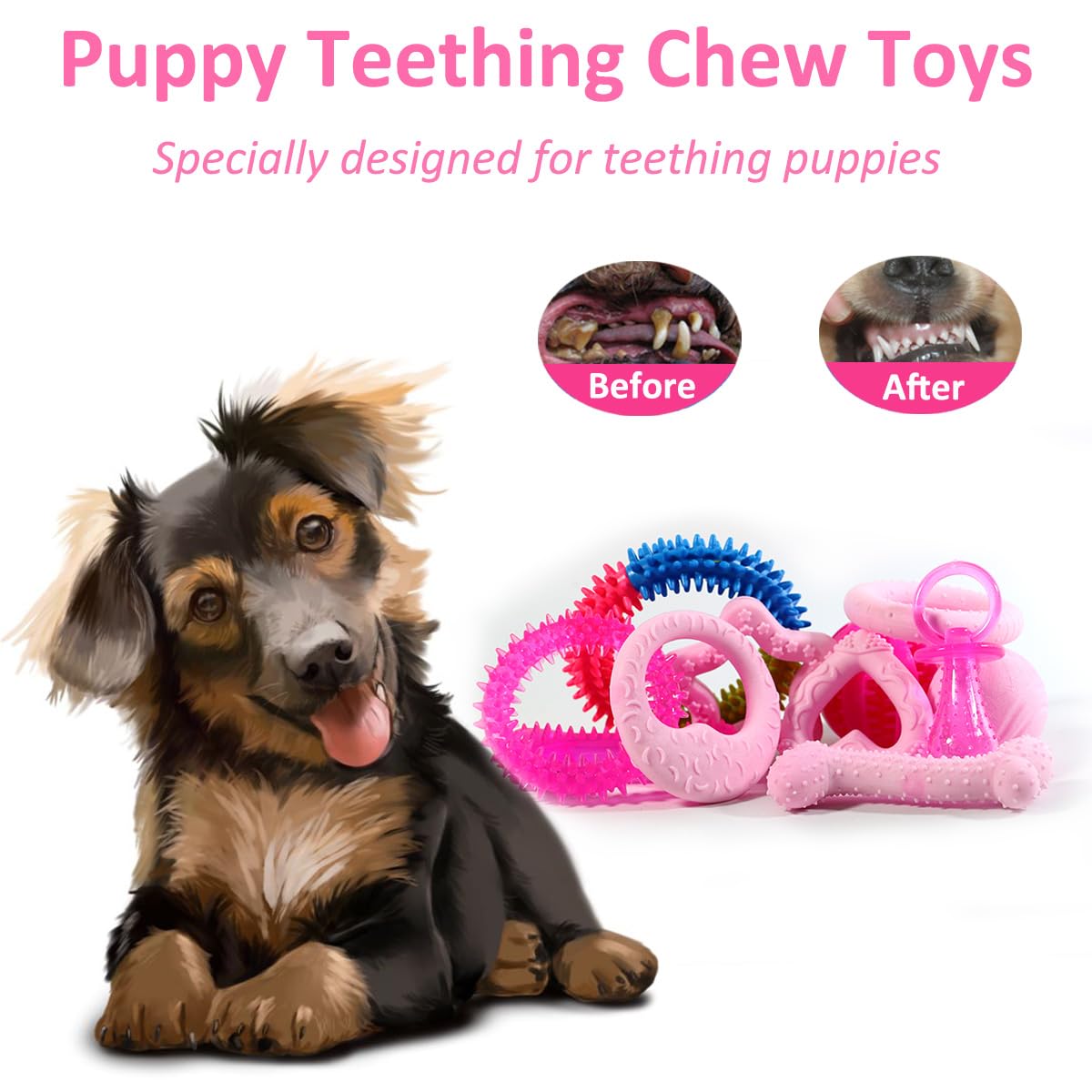 Beiker 20 Pack Pink Puppy Chew Toys - Dog Teething Toys for Puppies, Puppy Toys Toothbrush with Ropes, Soft Dogs Toy Bundle for Small Dogs, Cute Interactive Dog Balls for Chewers
