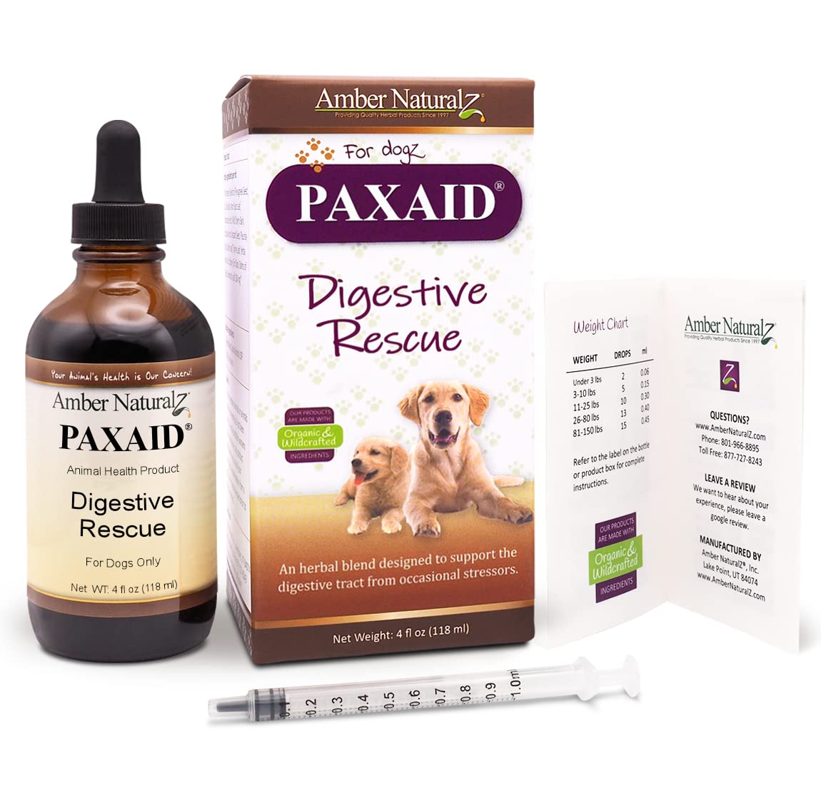 Amber NaturalZ Paxaid Digestive Rescue Herbal Supplement for Dogs and Puppies | Canine Herbal Supplement for Occasional Digestive Upset Support | 4 Fluid Ounce Glass Bottle | Manufactured in The USA