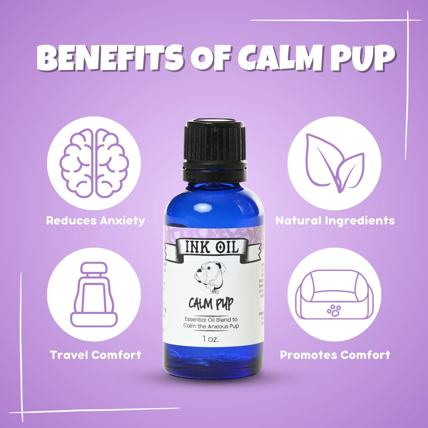 Pup Oils - Ink Oil | Dog Calming Supplement | Pet Health Vitamins Supplies| Liquid Drops | Anxiety Relief Oil | Aromatherapy Treatment | Vitamin Oils for Dogs