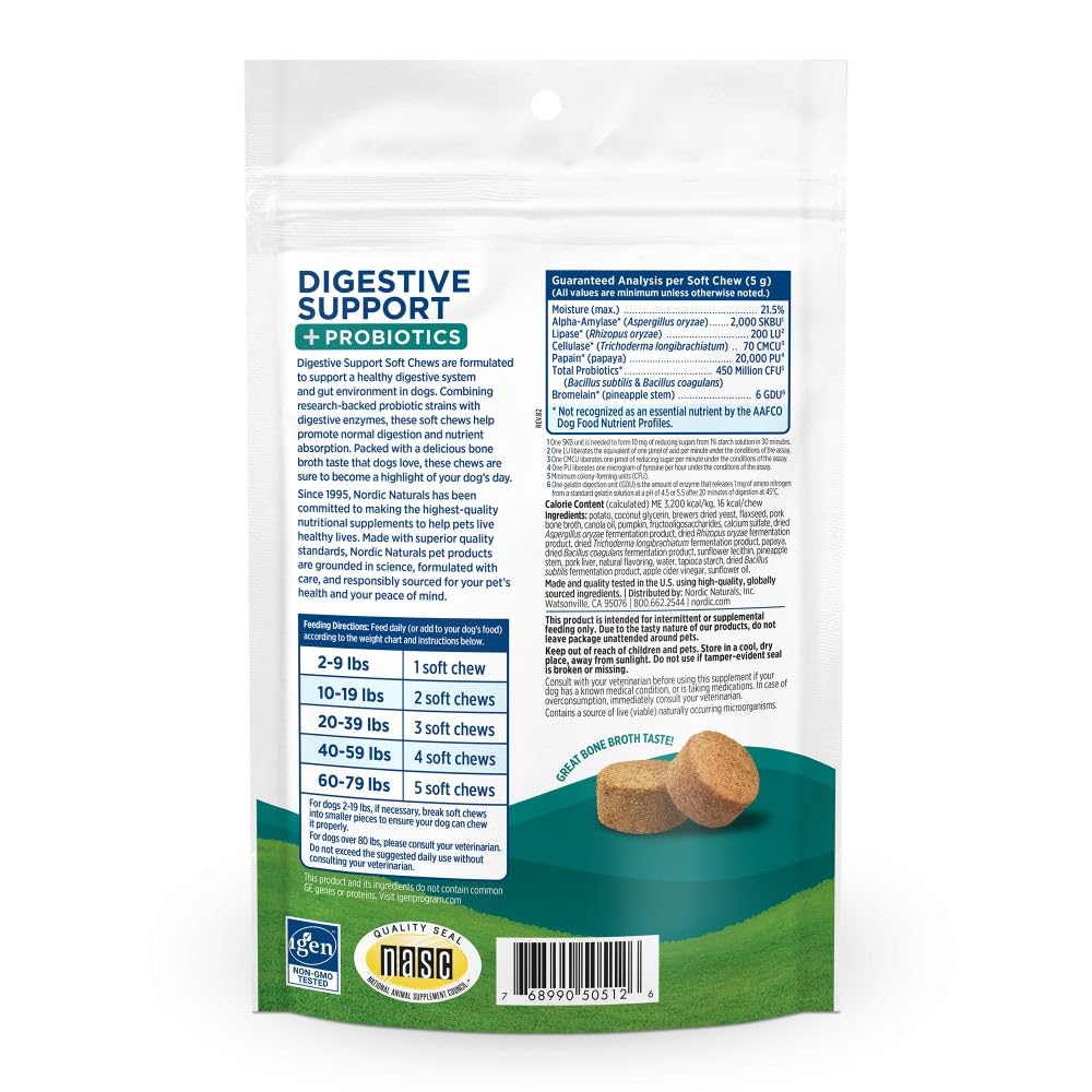 Nordic Naturals Pet Digestive Support with Probiotics, Pork Bone Broth Flavor - 30 Soft Chews - Nutritional Supplement for a Healthy Digestive System and GI Support - 30 Non-GMO Chews