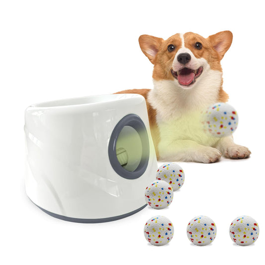 Automatic Ball Launcher for Dogs ，The Upgraded Ball Thrower Adjustable Distance 20-45ft Including 6 PCS 2.3-inch Sized Balls, Interactive Dog Toys Suitable for Small to Medium Sized Dogs