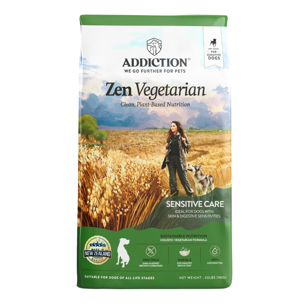 Addiction Zen Vegetarian Dry Dog Food - Plant-Based Protein for Dogs with Meat Allergies & Sensitive Skin - Vegetarian Dog Food for All Life Stages - Made in New Zealand 20lb