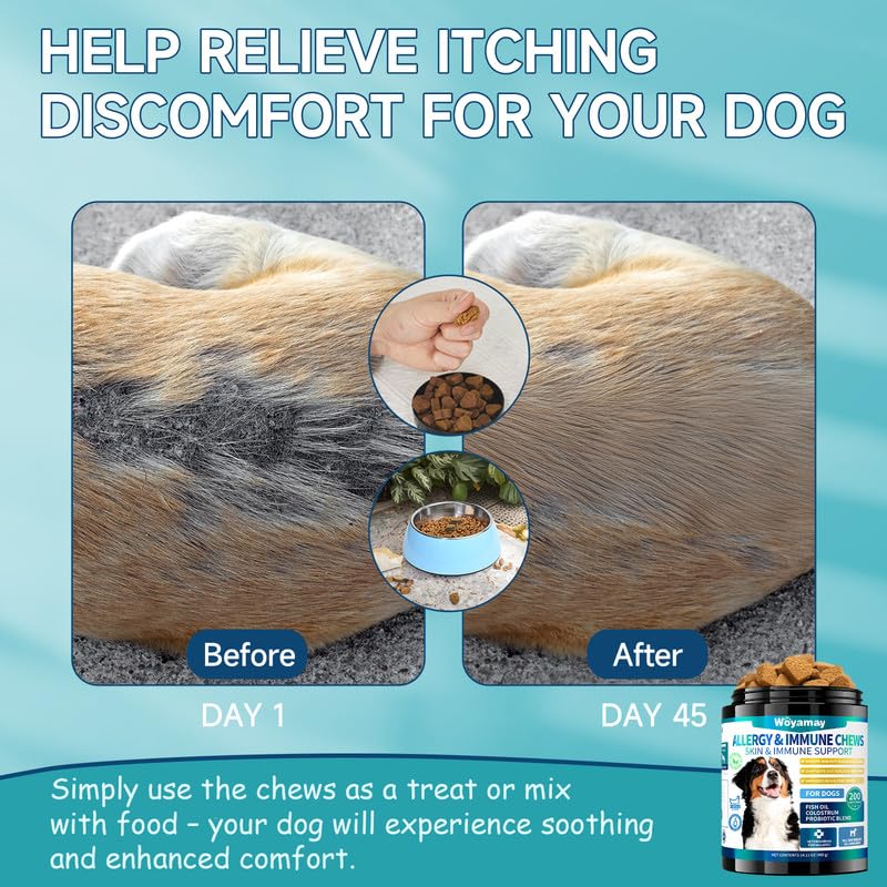 Woyamay 200 Dog Allergy Relief Chews for Dogs Itchy Skin Relief, Anti Itch for Dogs Ears & Paw Relief, Itchy Dog Skin Relief for Seasonal Allergy, Omega 3 Fish Oil, Turmeric & Colostrum Immune Support