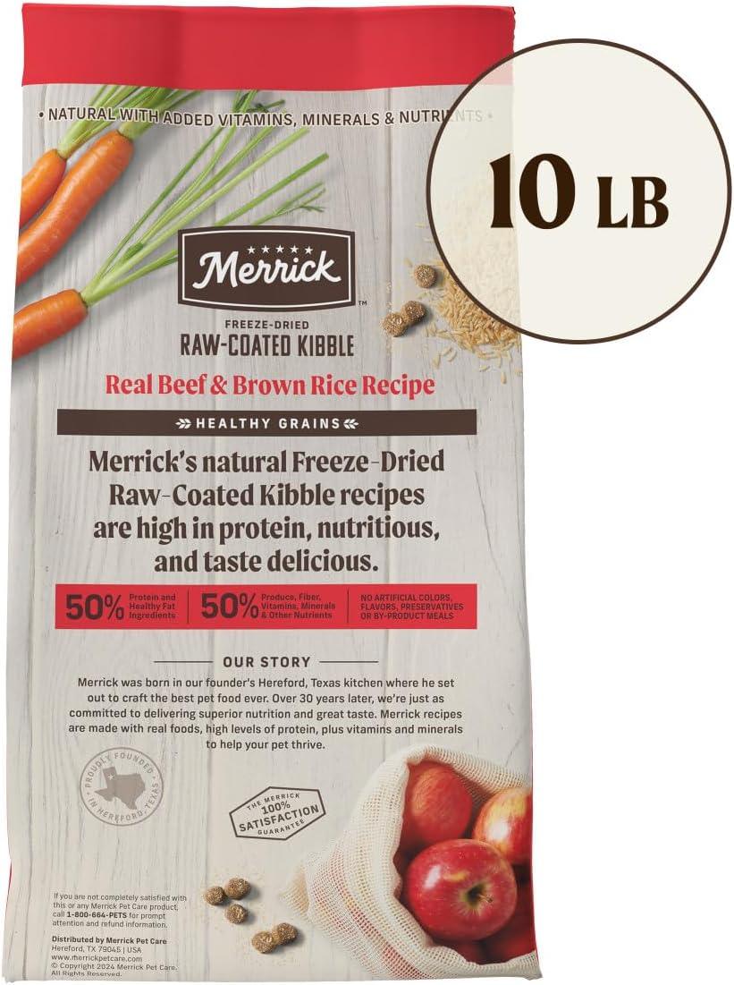 Merrick Healthy Grains Freeze Dried Raw Coated Kibble, Natural High Protein Dog Food, Beef and Brown Rice - 10.0 lb. Bag