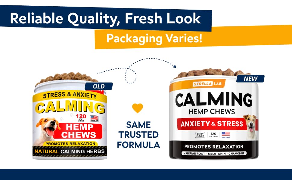 STRELLALAB Hemp Calming Chews for Dogs - Melatonin Dog Treats - Anxiety Relief - Calming Chews - Sleep & Stress Aid for Separation - 120ct Hickory Bacon Flavor