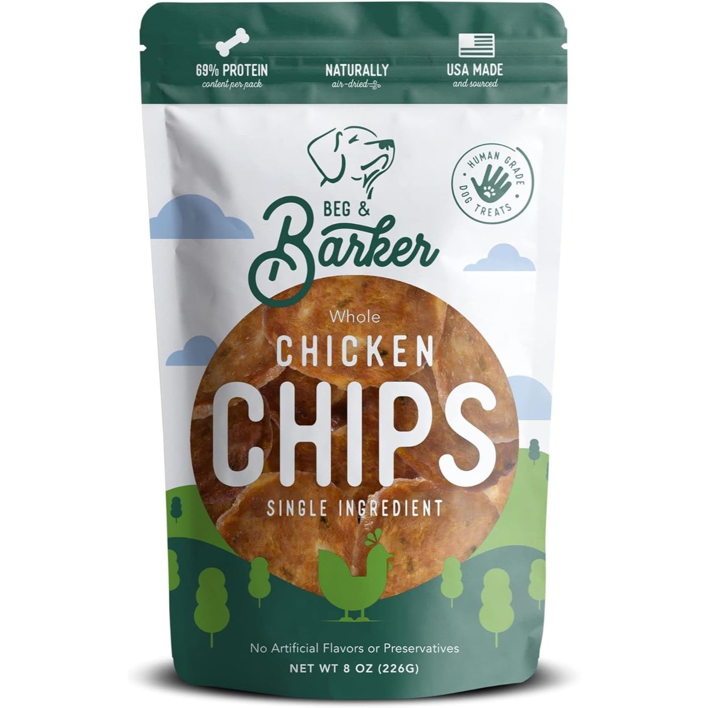 Beg & Barker Chicken Chips for Dogs (8oz, Pack of 1) - Single Ingredient Dog Treats Made for Small and Large Dogs Protein Human Grade Dog Treats Made from Real Meat Chicken, Made in USA