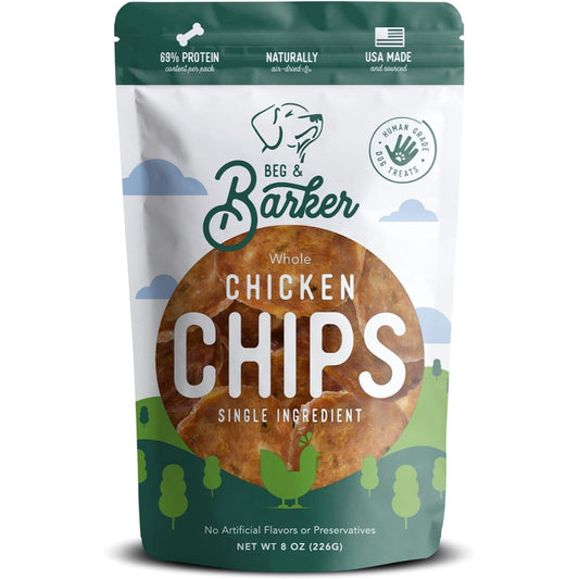 Beg & Barker Chicken Chips for Dogs (8oz, Pack of 1) - Single Ingredient Dog Treats Made for Small and Large Dogs Protein Human Grade Dog Treats Made from Real Meat Chicken, Made in USA